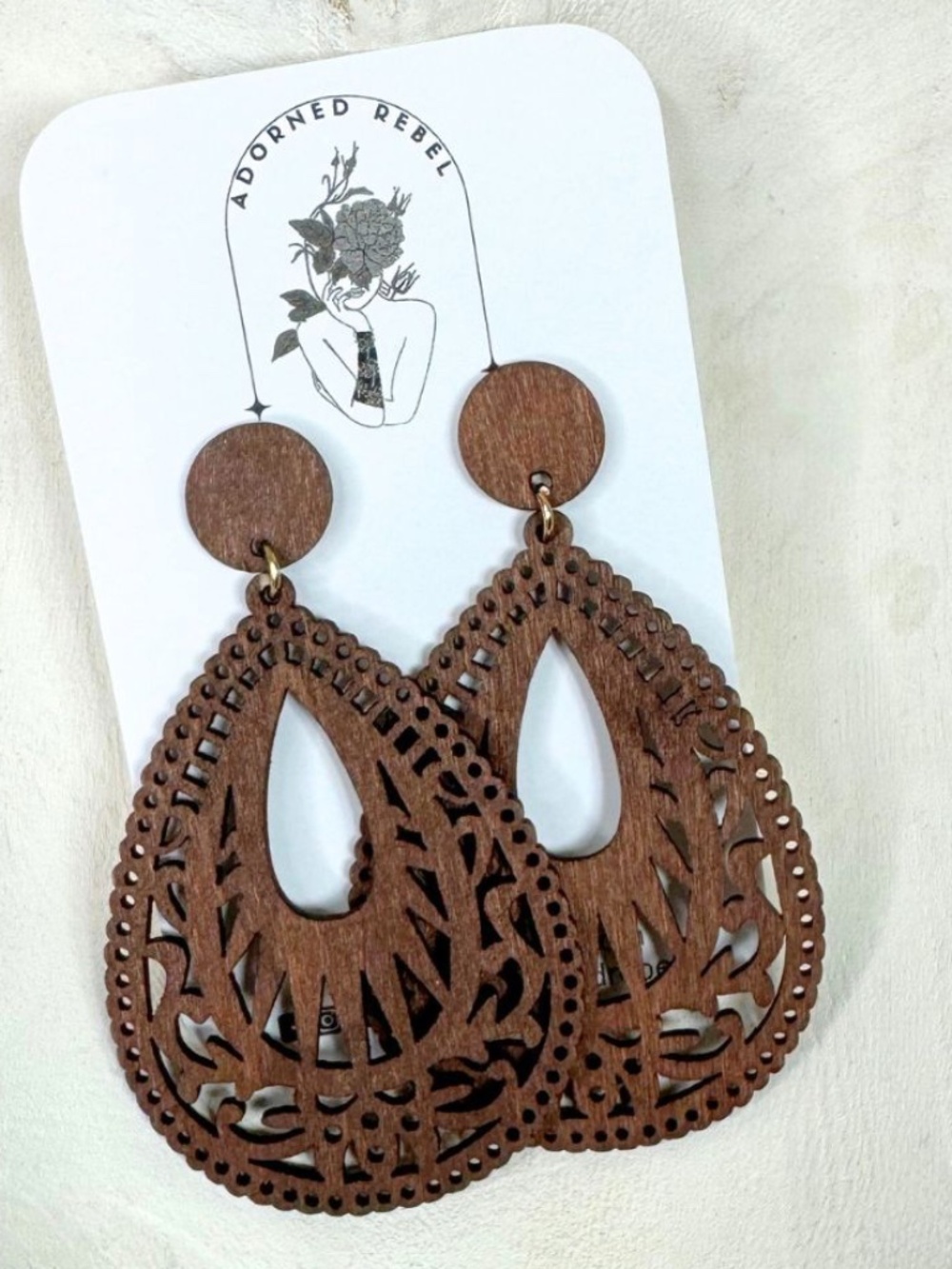 Wood Filigree Teardrop Earrings
